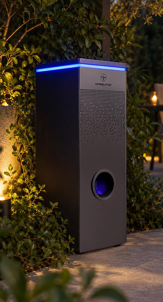 Trampa antimosquitos MOSQUITOR ONE instalada en un jardín exterior, con luz LED azul y sistema de captura por succión.