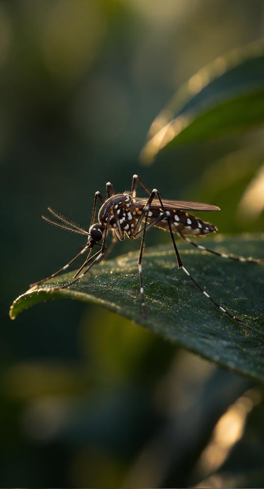 Mosquito tigre (Aedes albopictus) posado sobre una hoja verde, fotografiado de cerca con vegetación desenfocada de fondo.