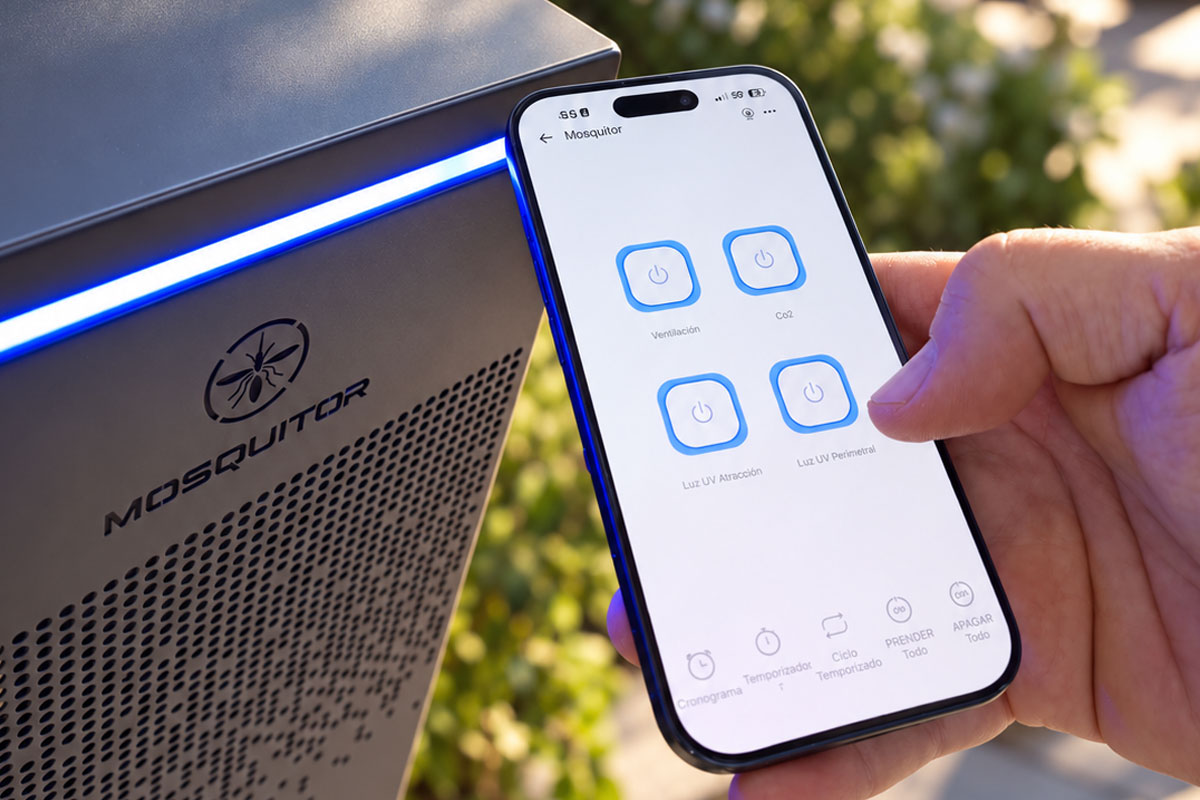 MOSQUITOR ONE, máquina antimosquitos inteligente con control remoto desde el móvil para gestionar ventilación, CO₂ y luz UV.