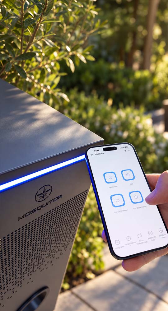 Control de MOSQUITOR ONE desde una aplicación móvil en el jardín, con funciones de ventilación, CO₂ e iluminación UV.