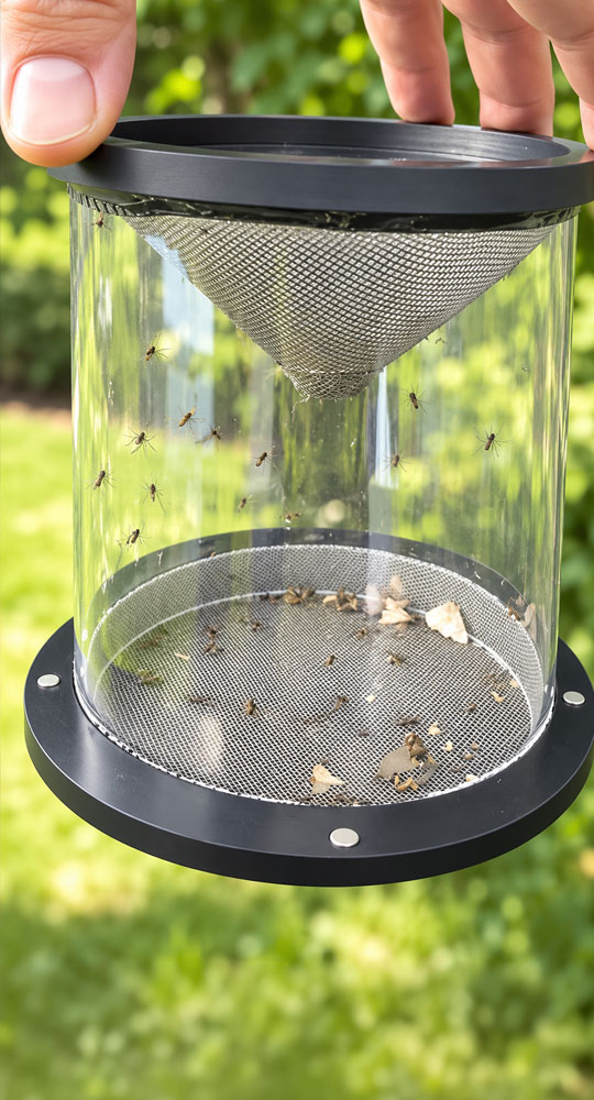 Recipiente cilíndrico de PVC de MOSQUITOR ONE con malla cónica interior para recoger los mosquitos capturados
